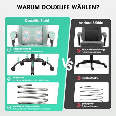 Ігровий крісло Douxlife з тканини з масажем, розширене сидіння з кишеньковими пружинами, ергономічний офісний стілець PC Gamer, крісло для геймерів з підніжкою та металевим каркасом, 158 кг, світло-зелений