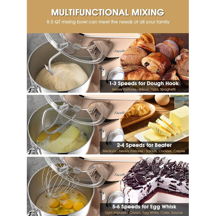 Кухонна машина-міксер Facelle 2000W з чашею 8,5L (6+ швидкостей) для випічки, тіста, міксування, з набором насадок (снігобій, гак для тіста, вінчик) та захистом від бризок, колір Champagne