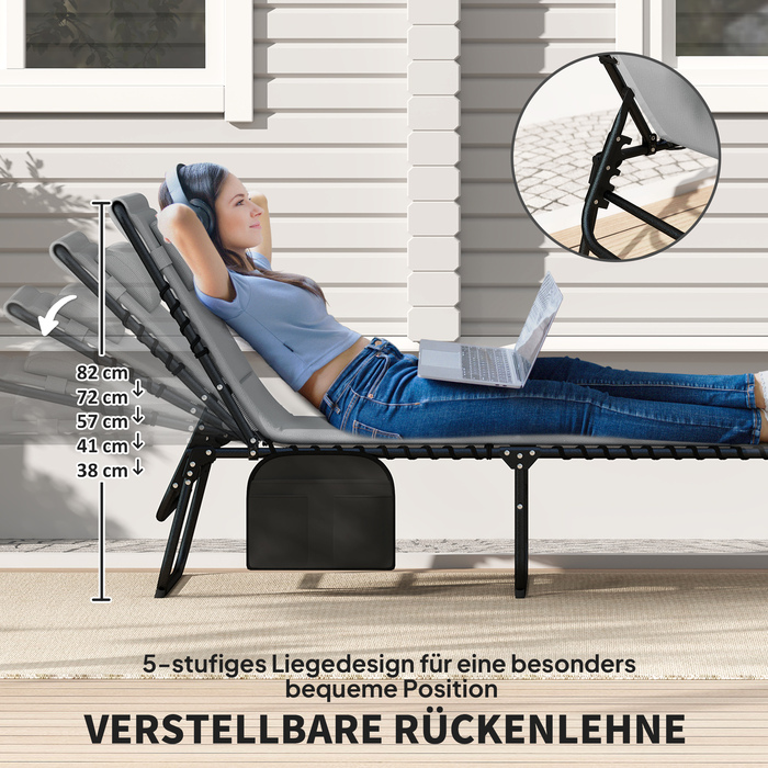 Набір з 2 розкладних шезлонгів для саду з подушкою для голови та регульованою спинкою (5 положень), з кишенею збоку, темно-сірого кольору.