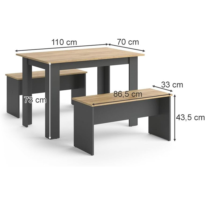 Набір обідніх столів Vicco Sentio, Дуб Антрацит/Голдкрафт, 110x70 см, в т.ч. 2 лавки