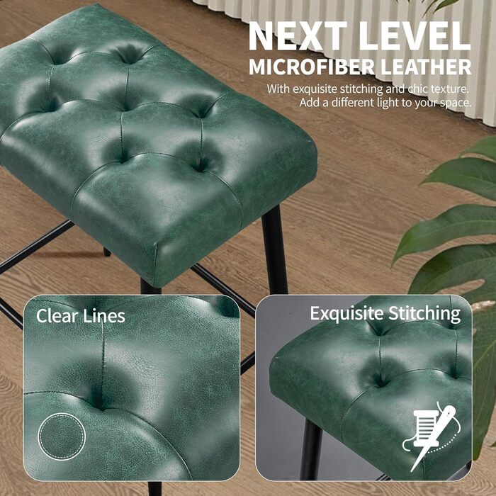Набір з 2 барних стільців, м'яке сидіння з мікрофібри, ретро дизайн з підніжкою, висота 62.5 см, без спинки, для кухні, бістро, їдальні - сірий (зелений туфтинг)