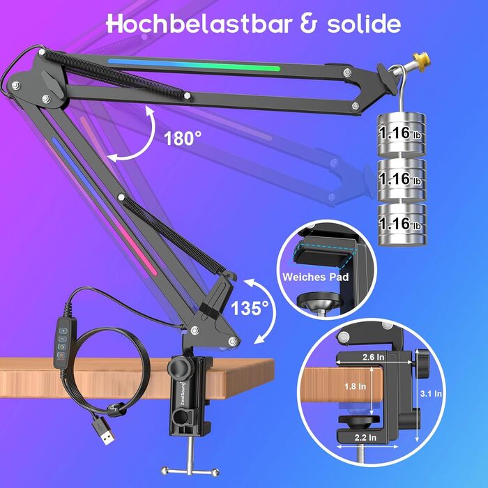 Мікрофонний стійкий тримач ZealSound з RGB підсвічуванням, адаптер 3/8