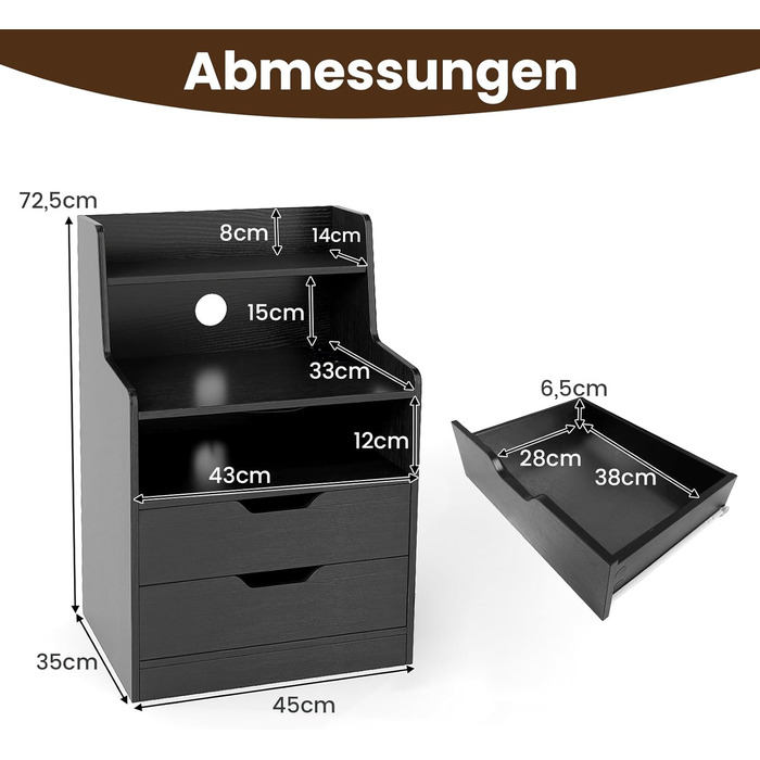 Нічний столик COSTWAY з LED-підсвіткою та зарядкою, 2 шухляди, відкриті полиці, пульт дистанційного керування, 45 x 35 x 72,5 см (Чорний)