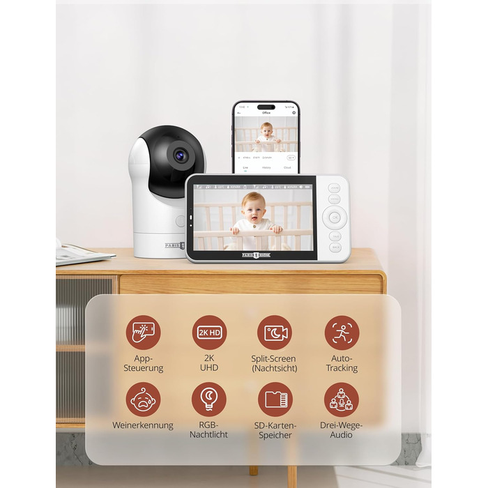 Відеоняня PARIS RHÔNE з 2 камерами, WiFi, 2K UHD, нічник, датчик руху/плачу, контроль температури та вологості, колискові