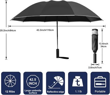 Штормонепроникна парасолька, 12 ребер, автоматичний, складний, світловідбиваючий, водонепроникний, чорний