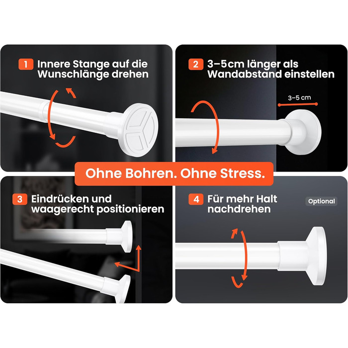 Телескопічна штанга для кріплення 260-310 см, Ø 25 мм, багатофункціональна штанга без свердління - для штор, душових завіс, ванної кімнати та балкону (90-160 см, біла)