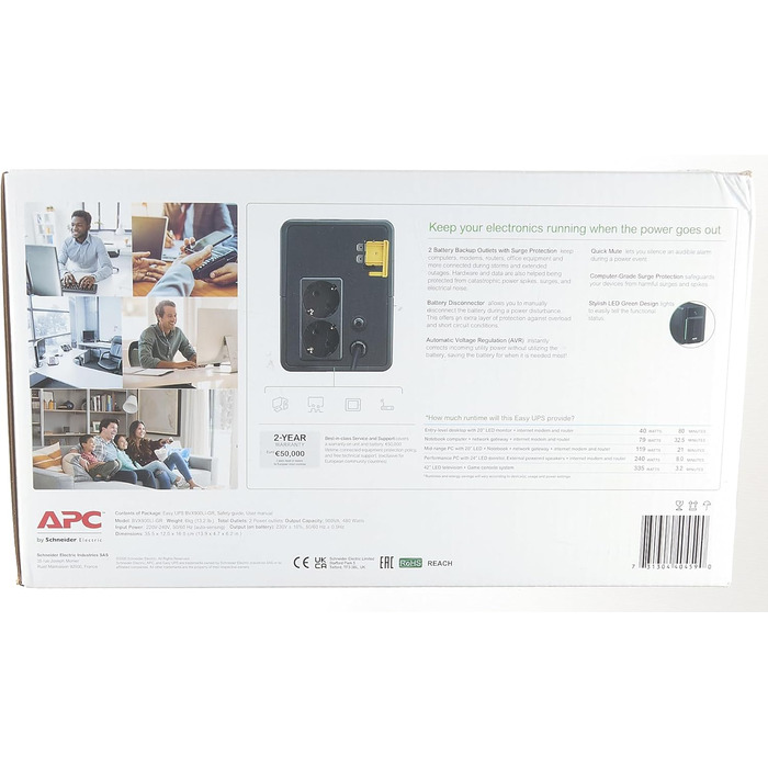 ДБЖ APC Easy UPS - BVX900LI-GR - джерело безперебійного живлення 900 ВА з виходами Schuko, резервний акумулятор і захист від перенапруг, резервний акумулятор зі стабілізатором стабілізатора, світлодіодні індикатори 900 ВА / 480 Вт DIN-виходи одинарні