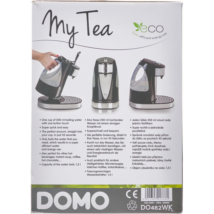 Чайник Domo DO482WK My Teakettle, Пластик, 1,5 літра, Нержавіюча сталь, Білий 1,5 літра Чорний