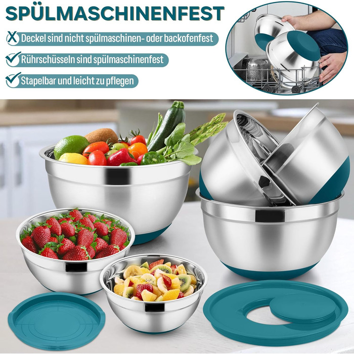 Набір мисок HaWare 6 шт. з нержавіючої сталі з кришками та тертками, 4.6/2.8/2.5/1.6/1.2/0.7 л, силіконове дно, миючі в посудомийній машині