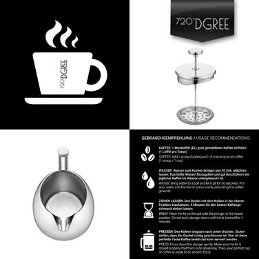 Френч-прес 720°DGREE 'Sunrise' з нержавіючої сталі, 1 літр, без BPA - для приготування кави, прес-фільтр, кавоварка, 4-8 чашок