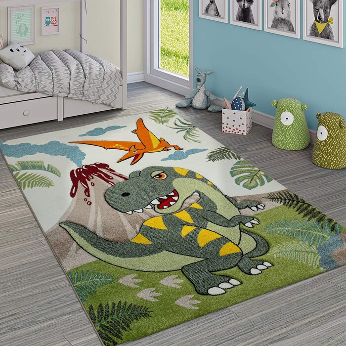 Килимок для дитячої кімнати Paco для дому, зелений динозавр, вулкан джунглів з 3D ефектом, короткий ворс, Розмір (133 см в квадраті)