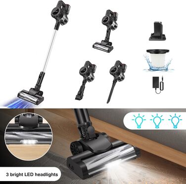 Акумуляторний пилосос 10-15Kpa з 2 режимами, 2 x 3000mAh акумулятори, 140W, LED-щітка, 2-в-1, довга насадка, ручний пилосос з 2 акумуляторами