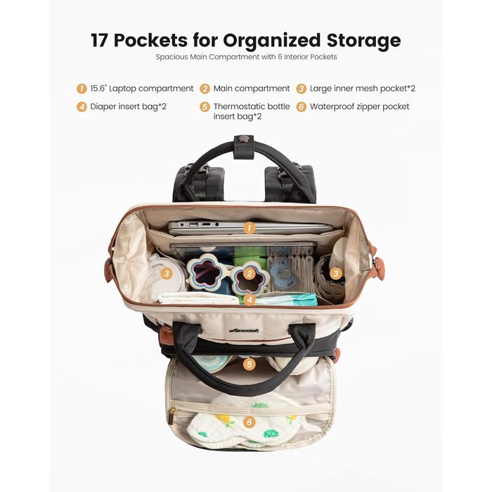 LOVEVOOK Рюкзак-переноска для малюків, рюкзак для пеленання, сумка для підгузків LOVEVOOK, водонепроникна дитяча сумка, органайзер, ремені для дитячої коляски (M, чорно-бежево-коричневий)
