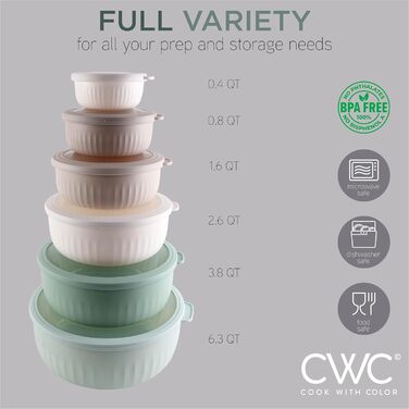 Набір мисок COOK WITH COLOR 12 шт. з кришкою, блакитно-зелений, широкі та глибокі, з можливістю складання, пластик