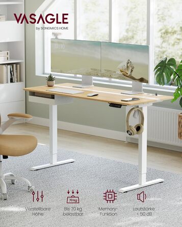 Електричний регульований стіл VASAGLE з пам'яттю висоти, з розетками та ящиком для зберігання, хмаринно-білий + золотий дуб, LSD112W01