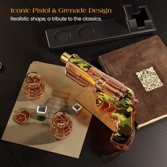 Набір для віскі Kollea з декальком та склянкою у формі гранати. Подарунок для чоловіків, батька, друга, військових. Віскі-набір у камуфляжі.