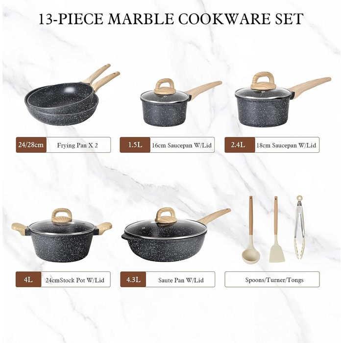 Набір каструль з кришкою для індукційних плит, 13 предметів, чорний гранітний набір посуду, антипригарне покриття без PTFE та PFOA