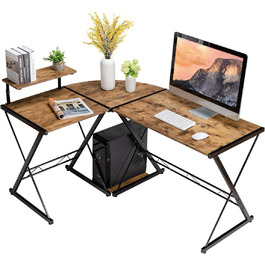 Подібний дерев'яний комп'ютерний стіл COSTWAY, кутовий стіл з підставкою для монітора та відділенням для зберігання, компактний стіл для офісу, кабінету, спальні, 147 x 112 x 79 см (сільський коричневий)