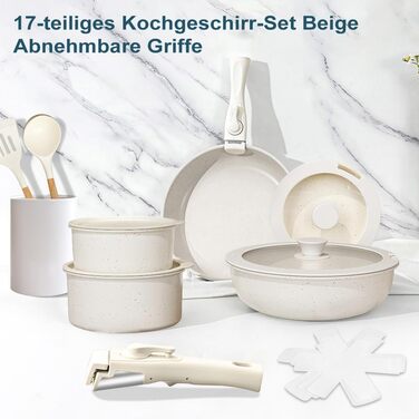 Набір посуду MDHAND 17 частин з гранітною емалевою поверхнею, антипригарне покриття, знімні ручки. Включає сковорідки, каструлі та супові горщики для приготування, смаження та тушкування.