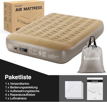 Надувне ліжко Lewondr на 2 особи з вбудованим насосом, 203x152x33 см. З подушкою, самонадувне, для кемпінгу, дому, гостей, подорожей (250 кг MAX), кольору хакі