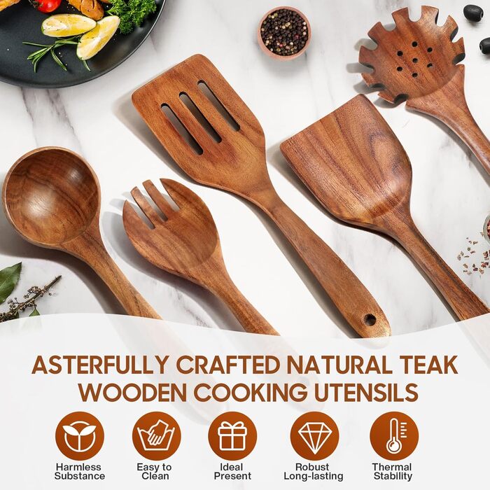 Набір кухонних аксесуарів з текового дерева (10 шт) з підставкою: лопатка, половник, шумовка, ложка для салатів, виделка для салатів