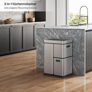 Відро для сміття EKO Mirage-T 50L з сенсором, автоматичне, для кухні, нержавіюча сталь, м'яке закриття, антислід, прямокутне (30+15+15 літрів)