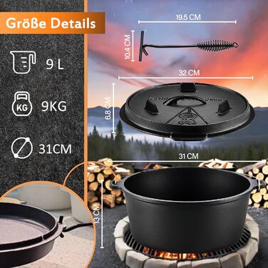 Нідерландський горщик (Dutch Oven), набір 9 літрів, чавунний горщик з кришкою-підйомником, 2-в-1, для приготування їжі на відкритому вогні та в приміщенні, чорний