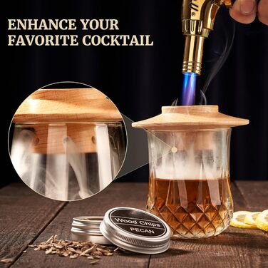 Набір для копчення віскі – Old Fashioned Cocktail, з 6 ароматичними дерев'яними чіпсами, 4 гранітними каменями для віскі, запальничкою та аксесуарами для любителів віскі та коктейлів (без бутану). Класичний набір