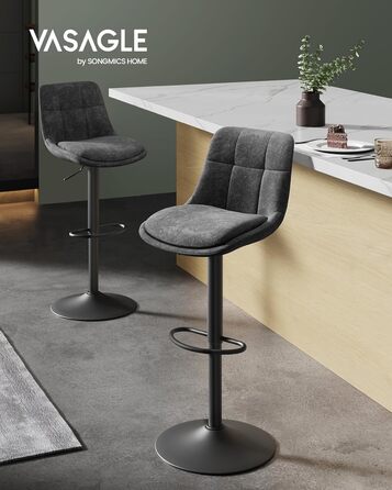 Барні стільці VASAGLE 2 шт., регульована висота, обертаються, зі спинкою та підніжкою, для кухні, їдальні, бару, сталеві, сіро-кам'яні, LJB195G02