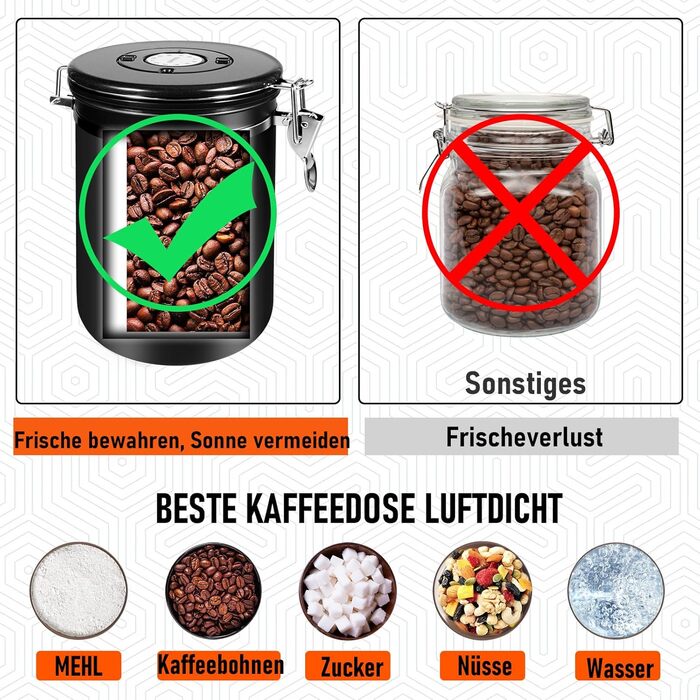 Контейнер для кави 1 кг з нержавіючої сталі з герметичним клапаном, вікном та мірною ложкою