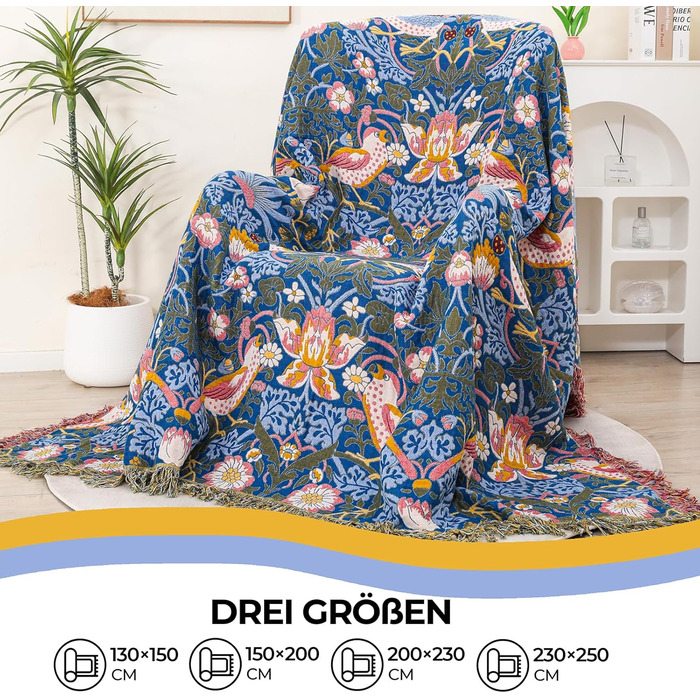 Плед Boho з 100% бавовни, стиль кантрі, 150х200 см (Птахи та квіти)