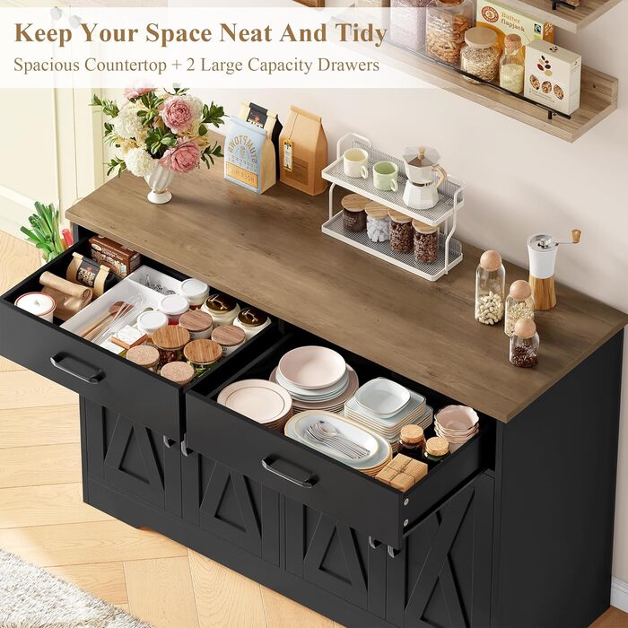 Тумба під ТВ HOCSOK 120 см, кухонна шафа з робочою поверхнею, буфет для зберігання з 2 висувними ящиками та 4 дверцятами, для вітальні, кухні, передпокою, чорний & коричневий