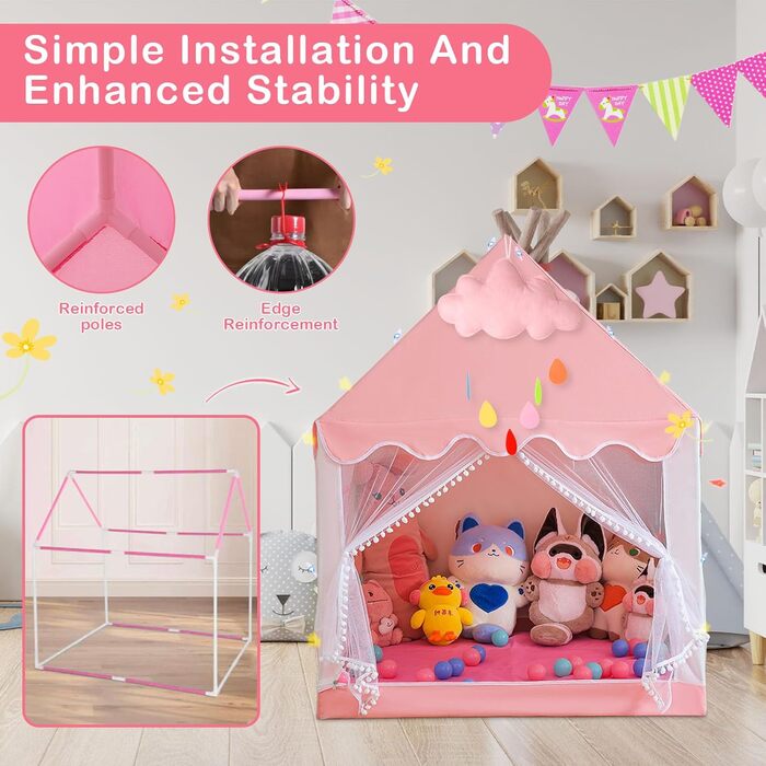 Дитячий намет-ліжко з ліхтариками та прапорцями, рожевий. Ідеально для гри вдома, для хлопчиків та дівчаток. Розміри: 47x40x51 см