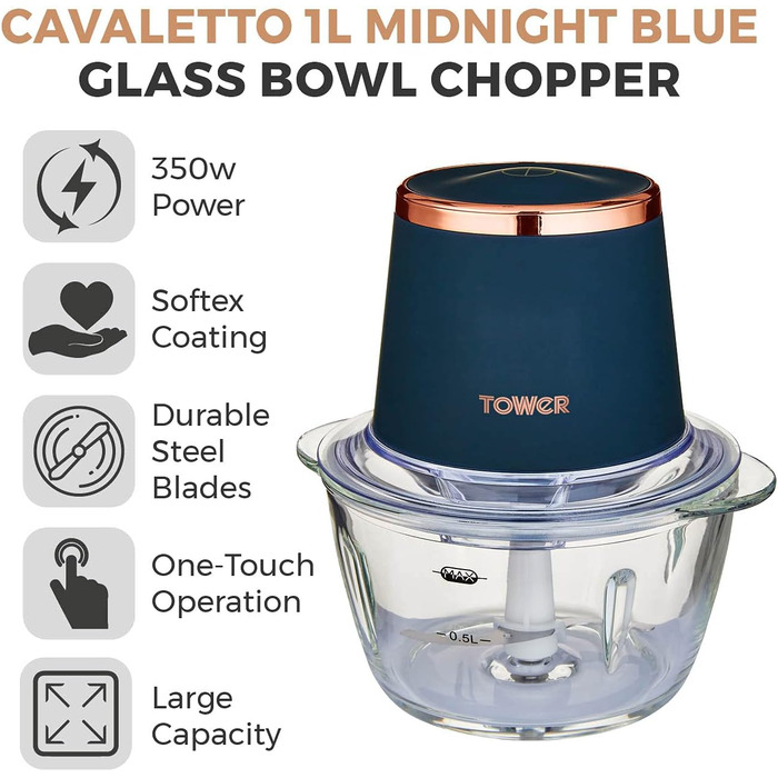 Подрібнювач для салатів Tower Cavaletto T12058MNB, 1 л, 350 Вт, Midnigth Blue & Roségold, для одноразового використання