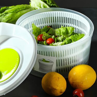 Сушарка для салату HAFERL з кривошипом (Ø 20 см, об'ємом 3 л, прозора/біло-зелена), можна також використовувати як салатницю і друшляк - можна мити в посудомийній машині