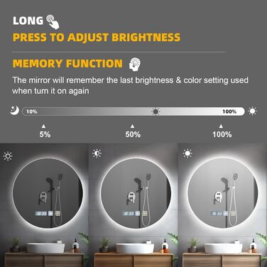 Дзеркало для ванної кімнати Sararoom з підсвічуванням, кругле LED дзеркало 600 мм, з підсвічуванням, 3 кольори світла, регулювання яскравості, запобігання запотіванню, кругле скло, функція пам'яті, 600 x 600 мм