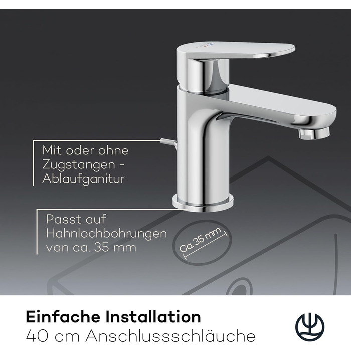 Змішувач для ванної кімнати KLUDI-X1 з витяжним зливом, висота виливу 75 мм, водозберігаючий кран, розмір S, керамічний картридж, для раковини, з підвідними шлангами, хром S