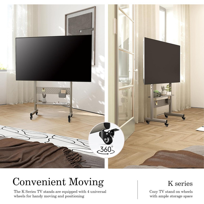 Підставка для телевізора FITUEYES на колесах, регульована по висоті, для 40-85 дюймів, VESA 600x400, 60 кг, бежева