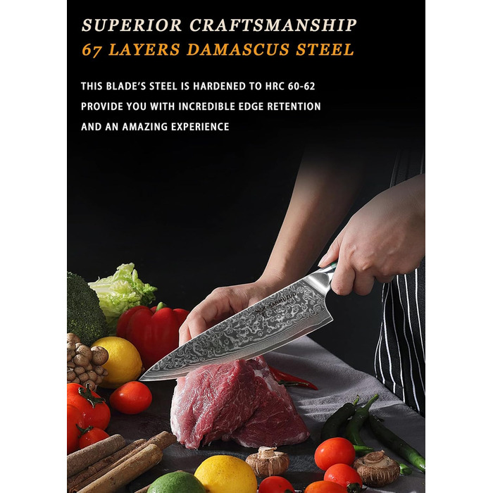 Ніж кухарський 20 см Xuan Серія VG10 Дамаський сталь - Ніж для кухні з ручкою з смоли (Фантастичний помаранчевий)