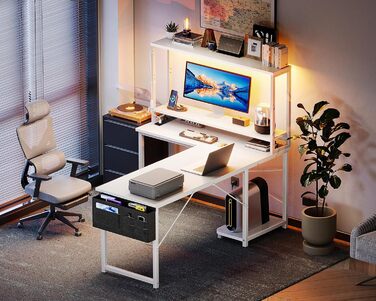 Ігровий стіл Coleshome L-подібної форми з LED-підсвічуванням та розетками, 115x80 см. Реверсивний стіл з полицями для зберігання, ігровий кутовий стіл з сумкою для дому та геймінгу, 110x80 см (135x100 см, Чорний)