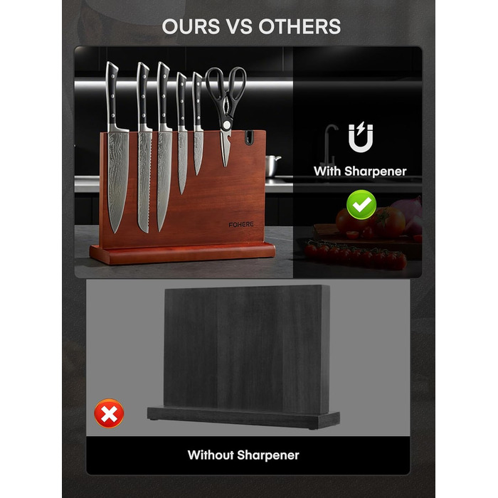 Набір ножів FOHERE 7 предметів: кухонний, для хліба, овочевий, з точилкою та магнітним блоком з нержавіючої сталі та дерева