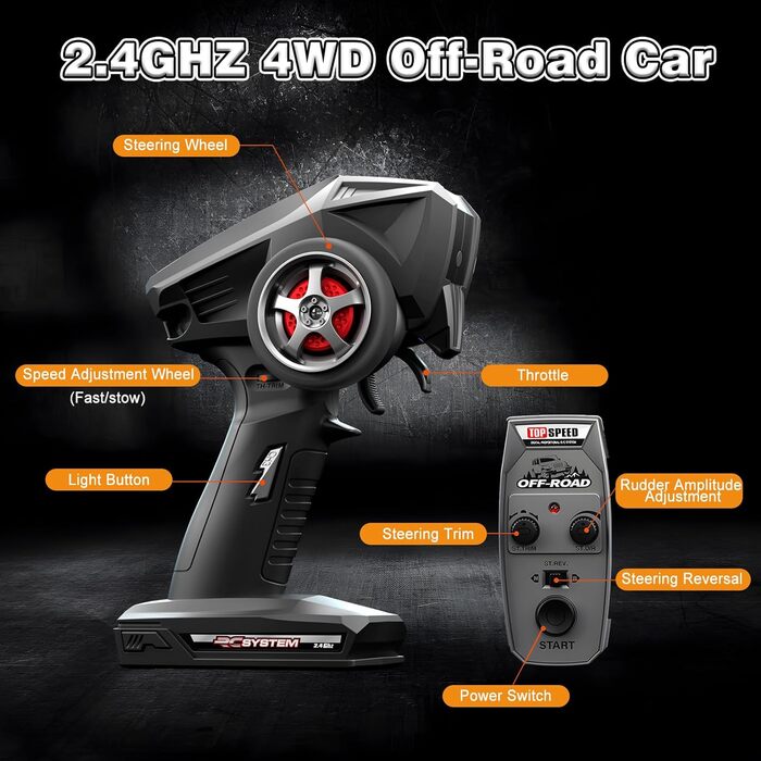 Радіокерований позашляховик FEIMUOSI 1:18 RC Car: LED, 2.4GHz, 2 акумулятори, 20 км/год, для дітей та дорослих (Чорний)