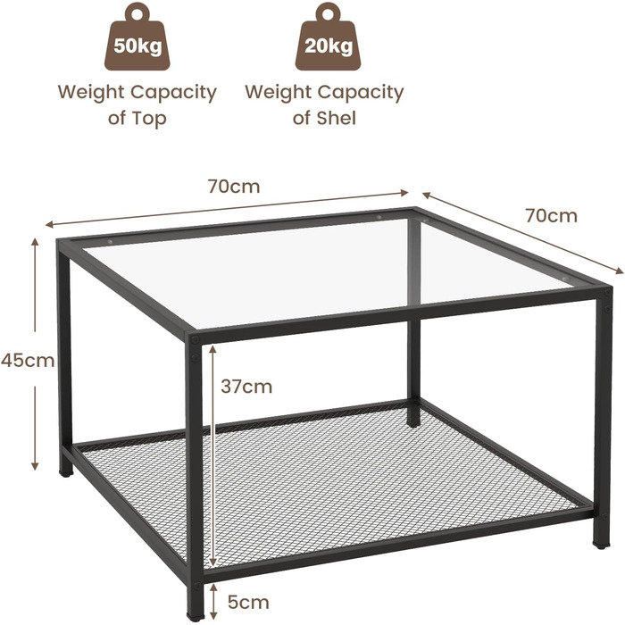 Журнальний столик із загартованого скла LIFEZEAL, квадратний стіл для вітальні з металевим каркасом, приставний столик зі скляним столом для вітальні, офісу, 70 шт. 70 x 45 см (прозорий, з полицею)