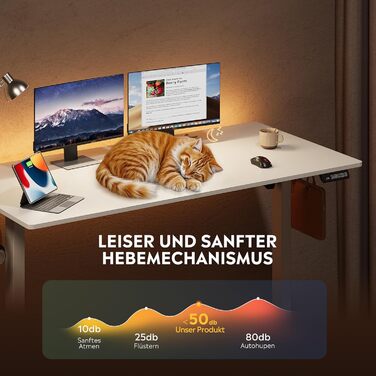 Регульований стіл Devaise 140x70 см з тихим мотором та функцією пам'яті, офісний стіл для роботи стоячи, білий