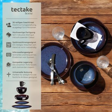 Набір посуду Tectake 30 предметів для 6 осіб, керамічний посуд, набір тарілок, мисок та чашок, придатний для миття в посудомийній машині та використання в мікрохвильовій печі - (Abyss Blue)