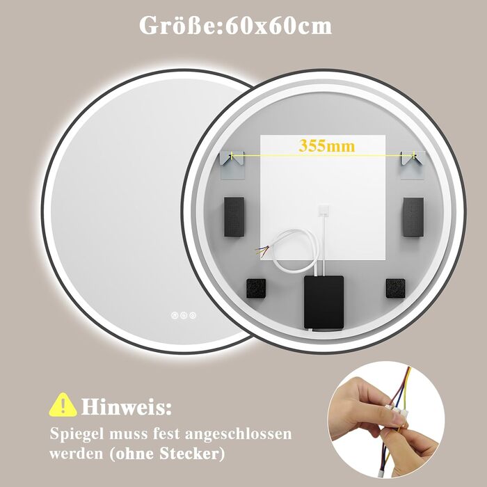 Дзеркало для ванної кімнати з підсвічуванням LED, кругле, 50 см, сенсорне керування, регулювання яскравості, функція пам'яті, захисне скло HD, захист від вибуху, Bluetooth, антизапар, металевий каркас, 60x60 см