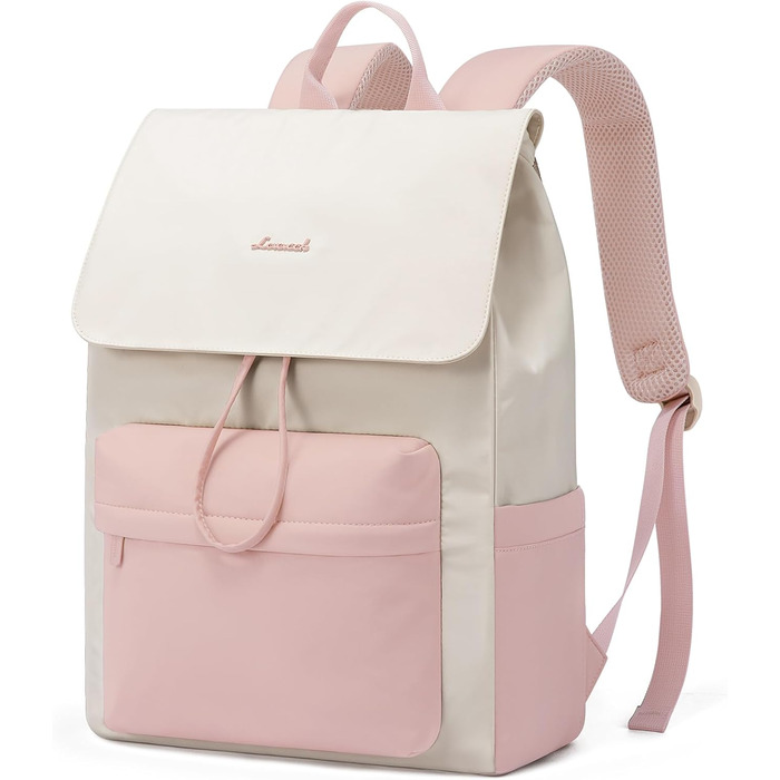 LOVEVOOK Рюкзак для жінок, легкий шкільний рюкзак для підлітків з відділенням для ноутбука 15.6 дюймів, жіночий рюкзак для навчання, подорожей, роботи (M-15.6 дюймів, Рожевий + Бежевий)