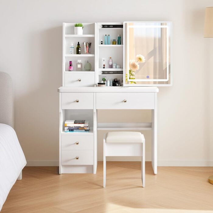 Дзеркальний туалетний столик DATO з LED-підсвічуванням, 3 колірні температури та регулюванням яскравості, з пуфом, 5 шухляд та 3 полиці, з розсувним дзеркалом (T68)