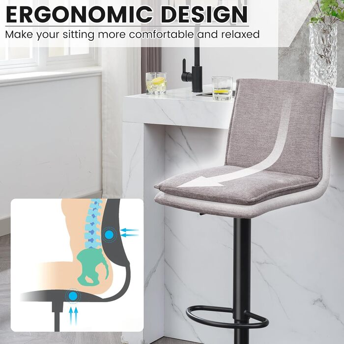 Барний стілець з льону, регульована висота, обертається, з підлокітником, для кухні та їдальні, сірий, 2 шт. Gary New