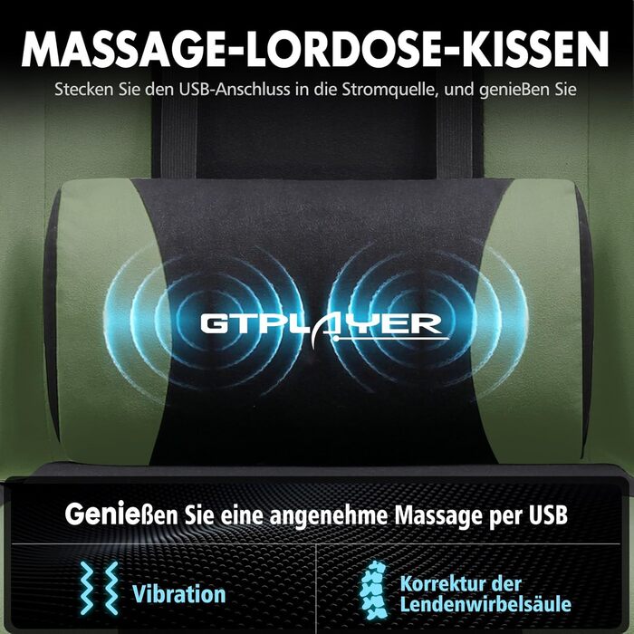 Ігровий крісло GTPLAYER з масажем, підніжка, підголовник, поперекова подушка, оббивка з тканини, білий/зелений